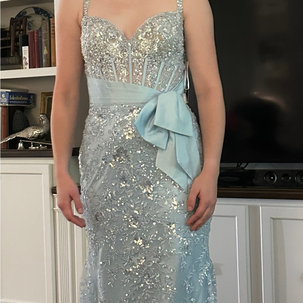 Sherri Hill Prom Dress 57045 NWT 12 light pale ice blue lace and sequins
